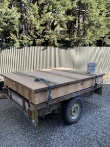 The completed wooden crate on the trailer, ready to pick up the painting